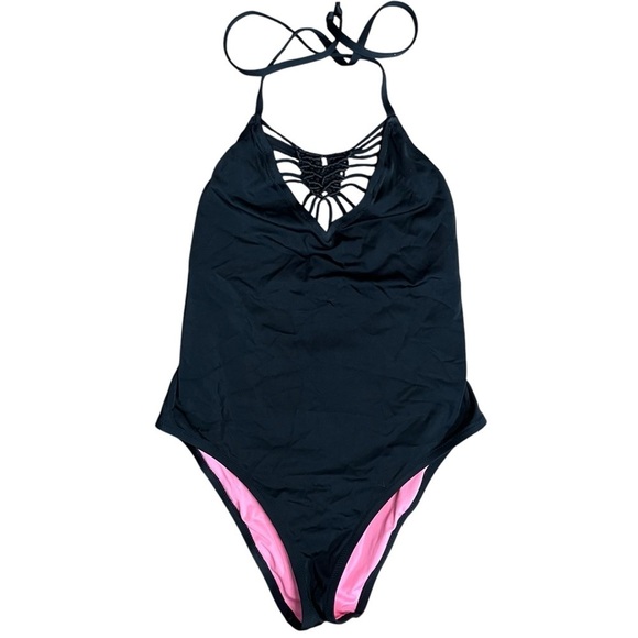 Victorias Secret PINK Black Halter Swimsuit with Pink Accents Sz L - Picture 1 of 5